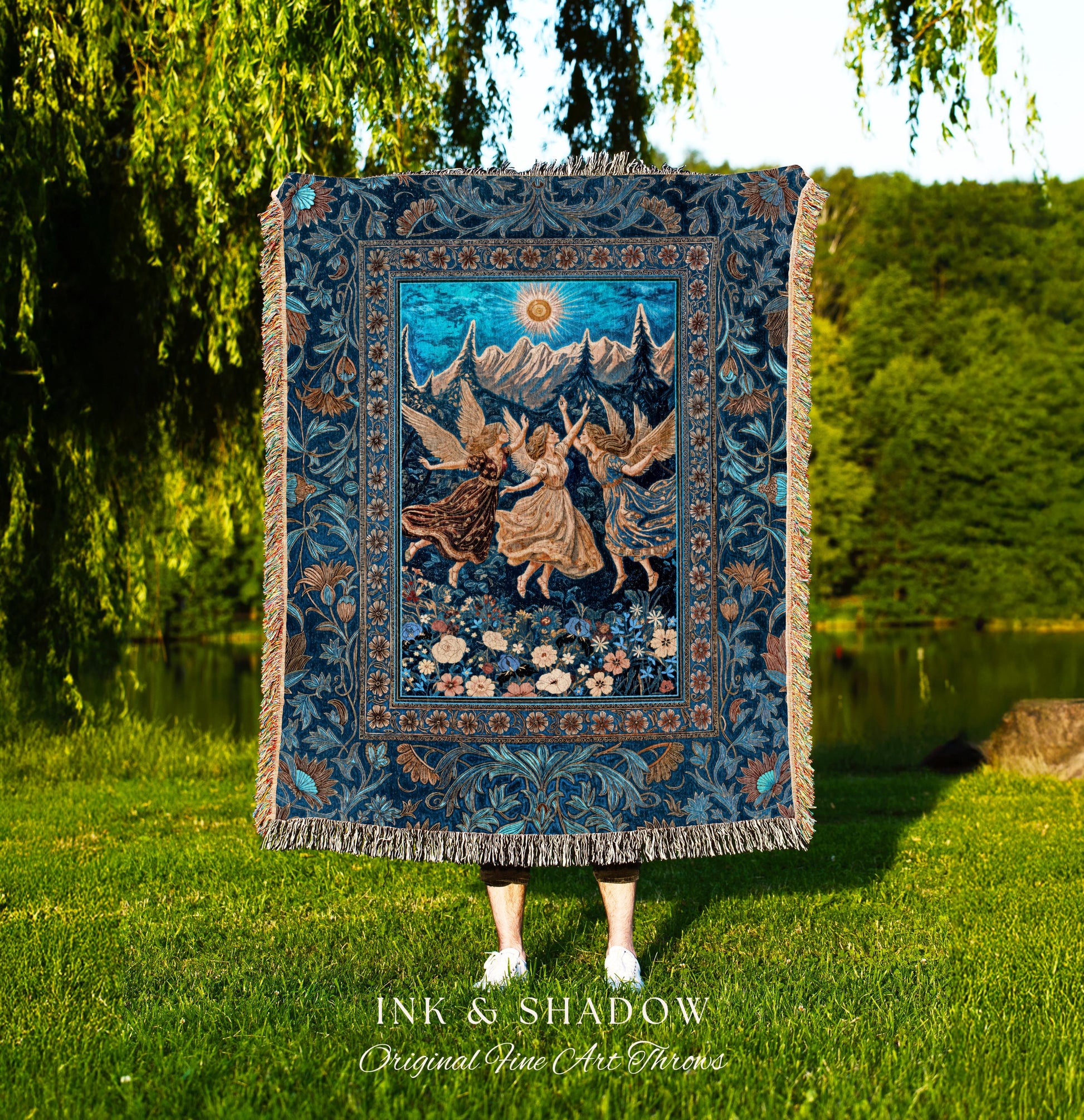 Witchy Fairy Sisters Woven Tapestry | Ethereal Dreamy Throw Blanket Mystic Cottagecore Folklore Style Whimsical Medieval Wildflower Meadow
