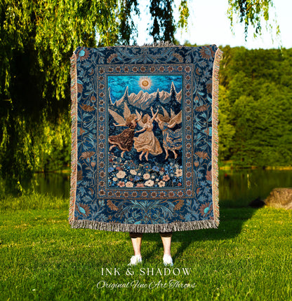 Witchy Fairy Sisters Woven Tapestry | Ethereal Dreamy Throw Blanket Mystic Cottagecore Folklore Style Whimsical Medieval Wildflower Meadow