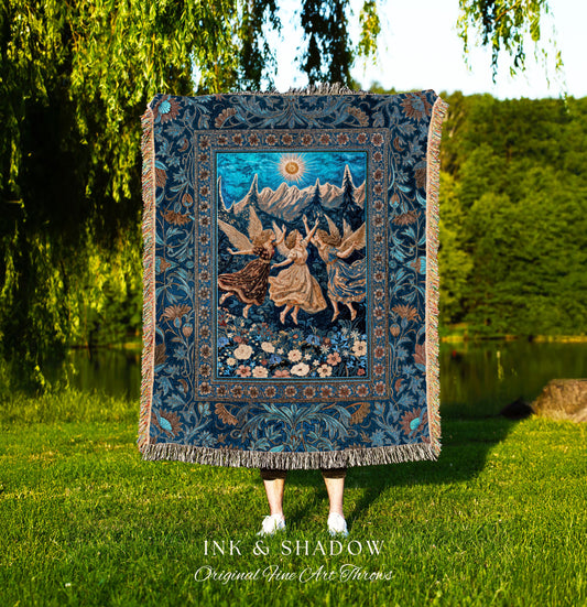 Witchy Fairy Sisters Woven Tapestry | Ethereal Dreamy Throw Blanket Mystic Cottagecore Folklore Style Whimsical Medieval Wildflower Meadow