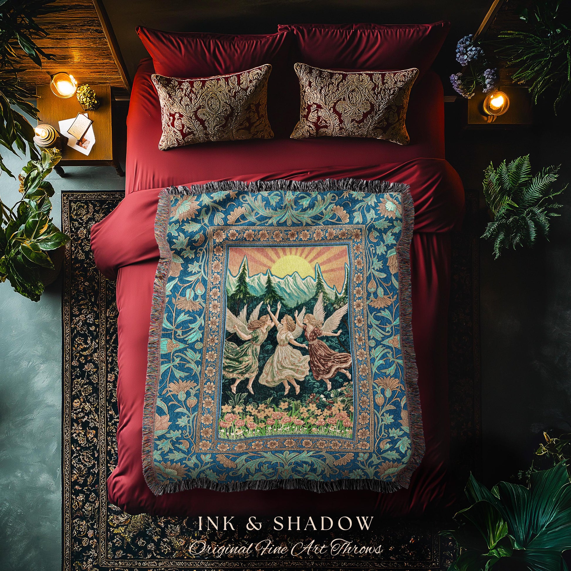 Art Nouveau Angel Forest Throw Blanket | Dreamy Folklore Fairycore Woven Tapestry Whimsical Mythology Cottagecore Retro Fairy Aesthetic Boho