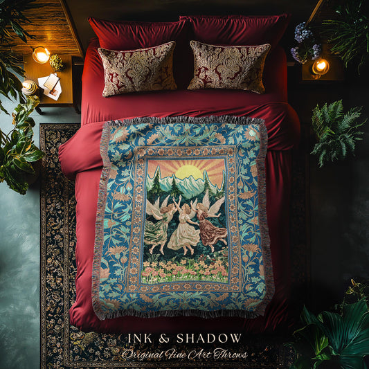Art Nouveau Angel Forest Throw Blanket | Dreamy Folklore Fairycore Woven Tapestry Whimsical Mythology Cottagecore Retro Fairy Aesthetic Boho