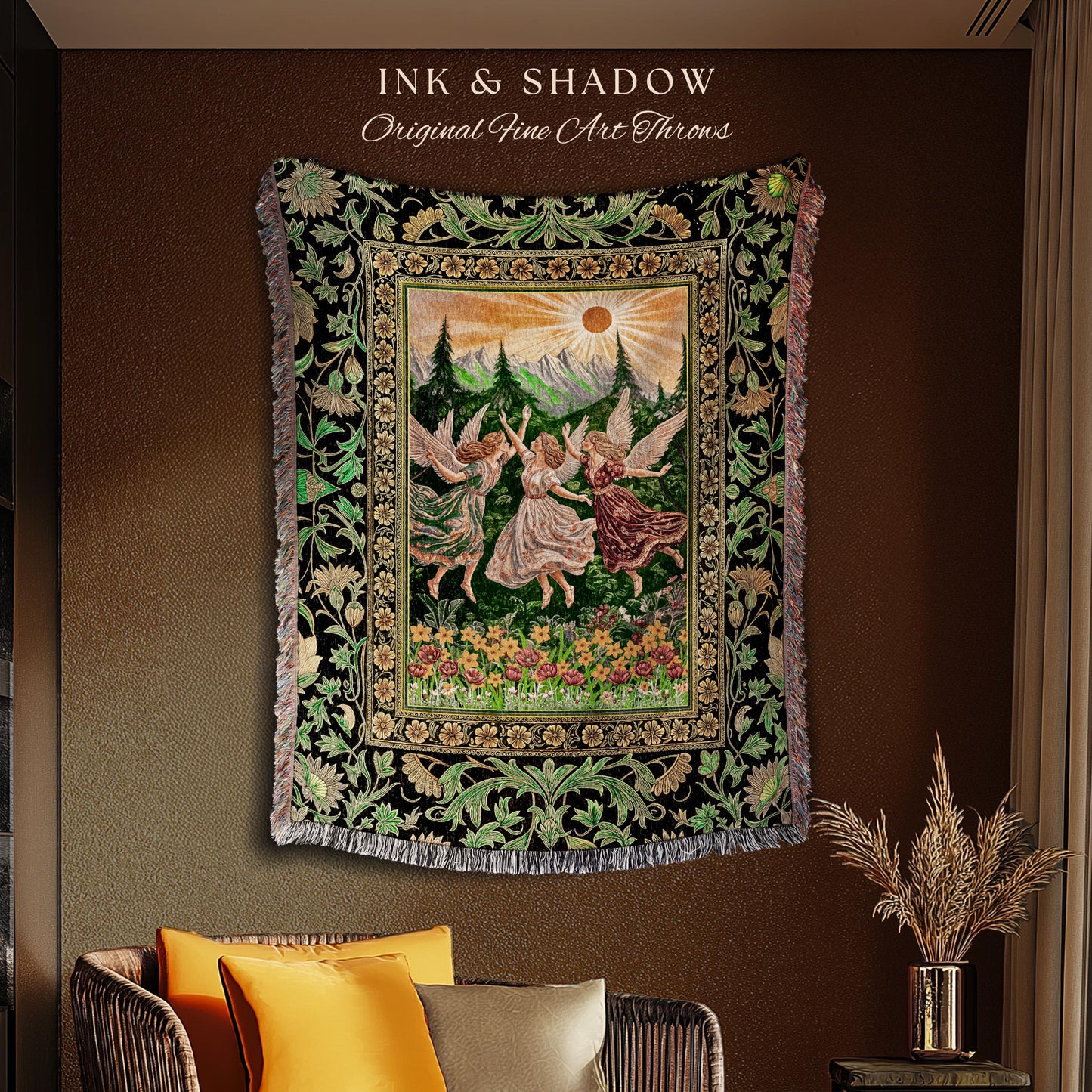 Dreamy Fairy Meadow Woven Tapestry | Midsummer Folklore Throw Blanket Fairycore Forest Nymph Decor Fairytale Cottagecore Retro Scandinavian