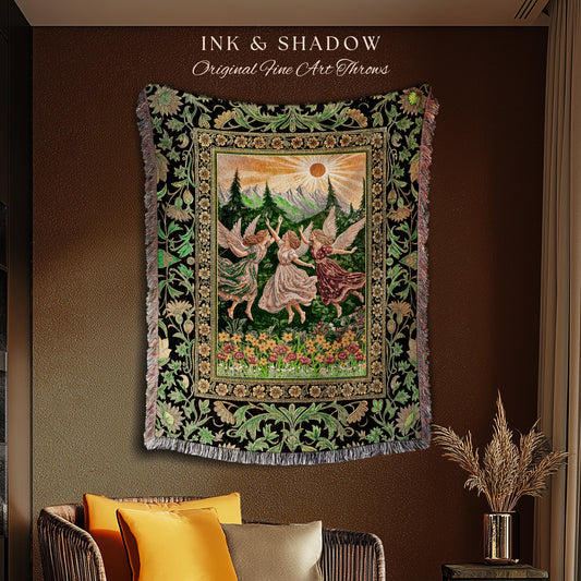 Dreamy Fairy Meadow Woven Tapestry | Midsummer Folklore Throw Blanket Fairycore Forest Nymph Decor Fairytale Cottagecore Retro Scandinavian