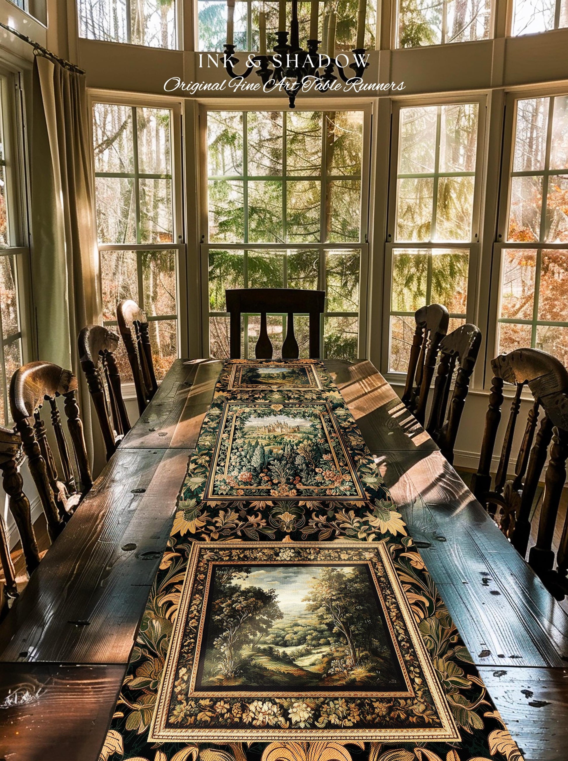 Dark Academia Victorian Royal Table Runner | Fantasy Dining Room Boho Woodland Princess Medieval Rustic Floral Landscape Coquette Maximalist