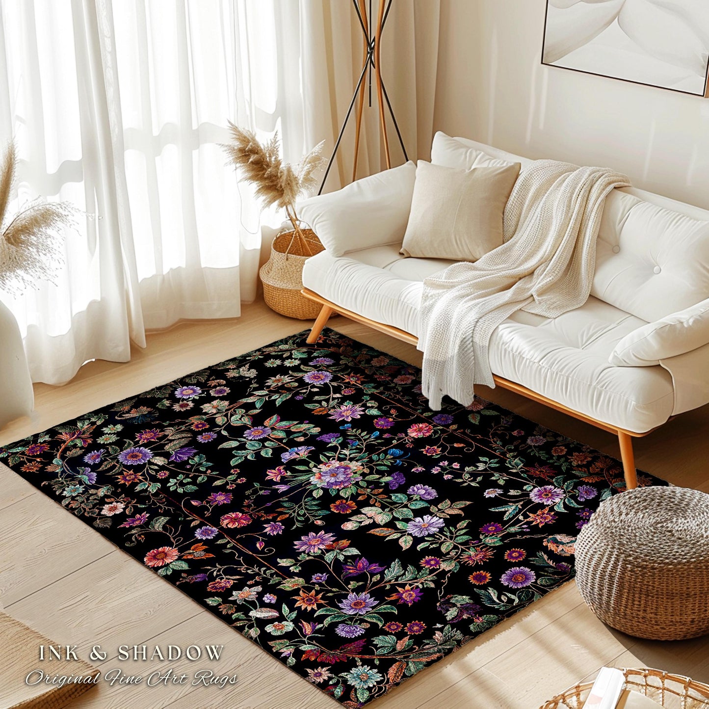Jewel Tones Vintage Dark Academia Wildflower Rug | Floral Aesthetic Ornate Gothic Home Decor Whimsical Rustic Housewarming Gift Ethereal