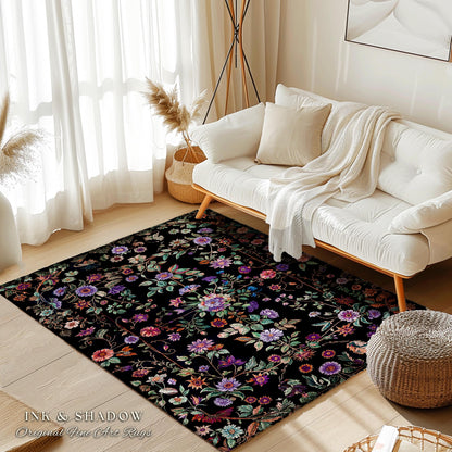 Jewel Tones Vintage Dark Academia Wildflower Rug | Floral Aesthetic Ornate Gothic Home Decor Whimsical Rustic Housewarming Gift Ethereal
