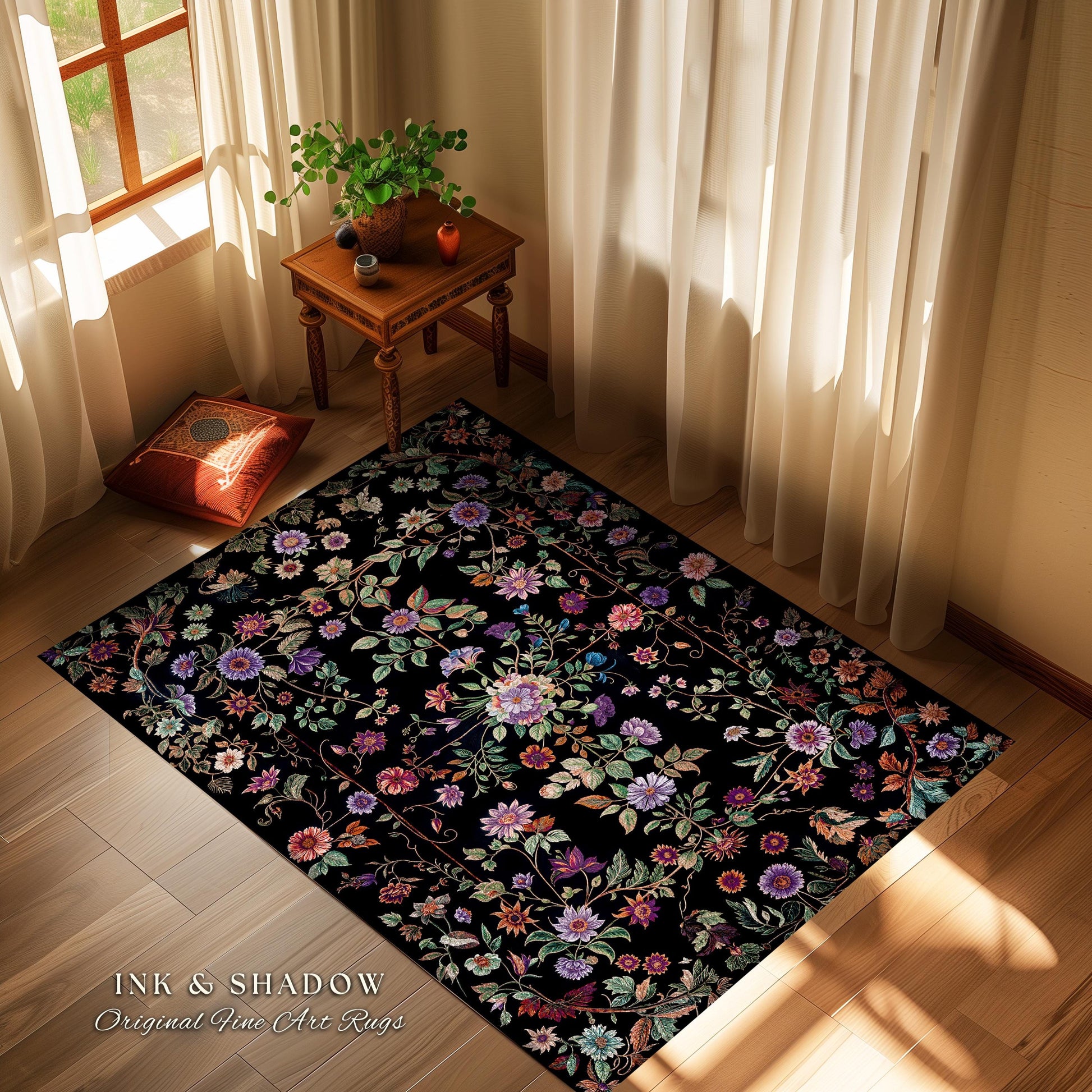 Jewel Tones Vintage Dark Academia Wildflower Rug | Floral Aesthetic Ornate Gothic Home Decor Whimsical Rustic Housewarming Gift Ethereal