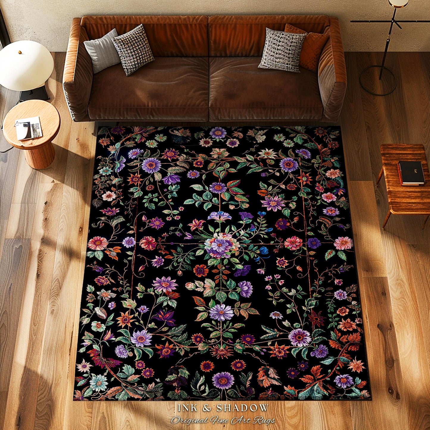 Jewel Tones Vintage Dark Academia Wildflower Rug | Floral Aesthetic Ornate Gothic Home Decor Whimsical Rustic Housewarming Gift Ethereal