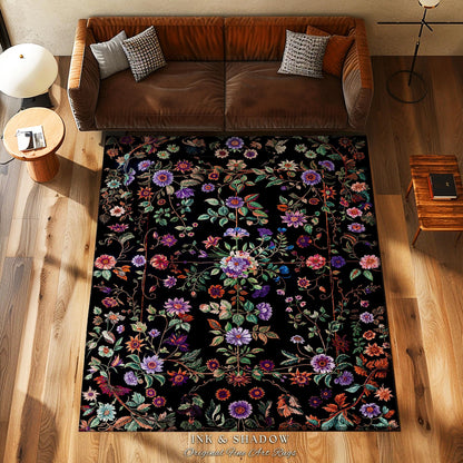 Jewel Tones Vintage Dark Academia Wildflower Rug | Floral Aesthetic Ornate Gothic Home Decor Whimsical Rustic Housewarming Gift Ethereal