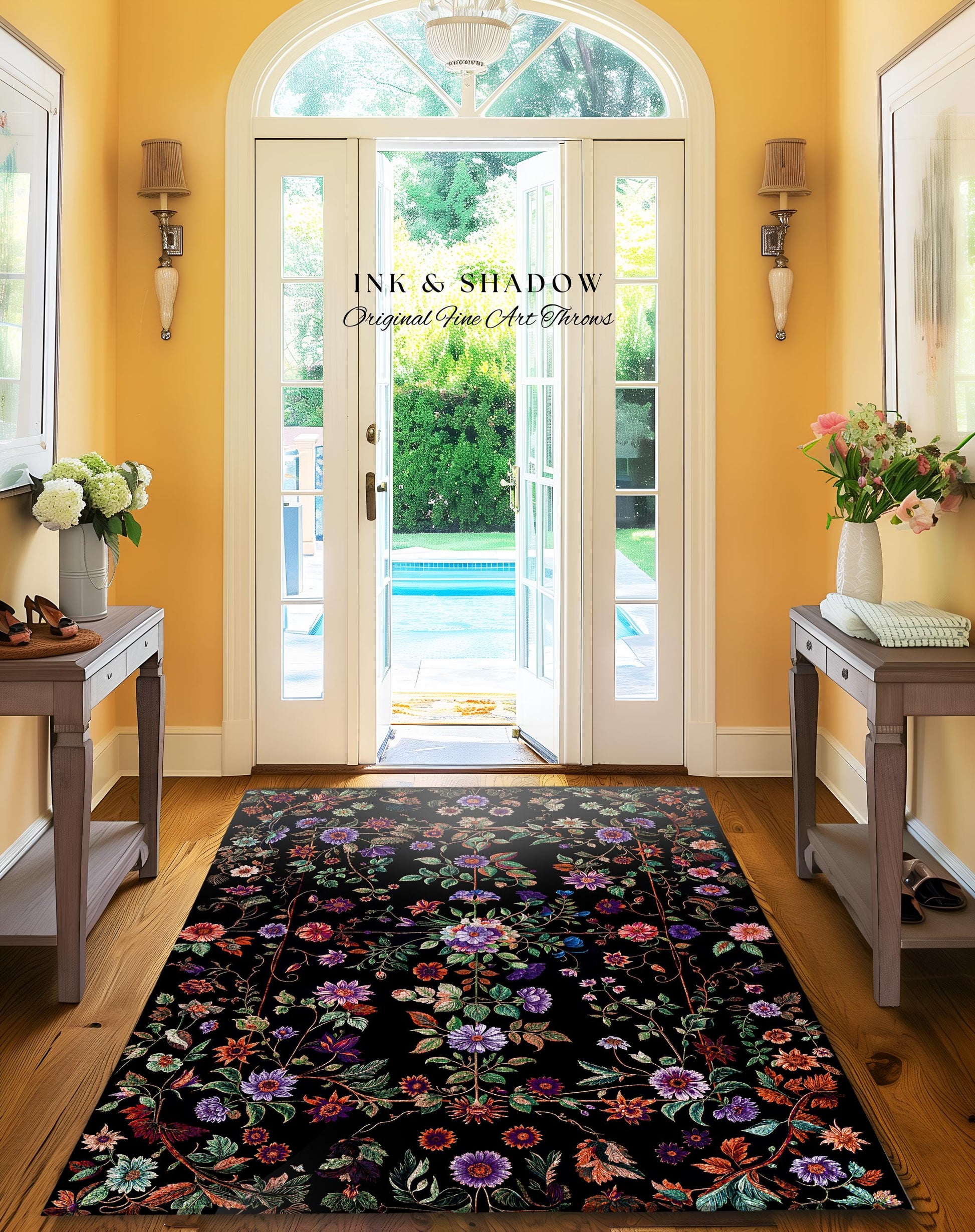 Jewel Tones Vintage Dark Academia Wildflower Rug | Floral Aesthetic Ornate Gothic Home Decor Whimsical Rustic Housewarming Gift Ethereal