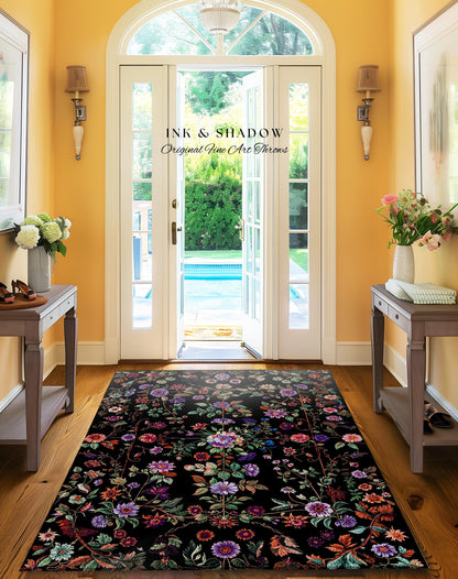 Jewel Tones Vintage Dark Academia Wildflower Rug | Floral Aesthetic Ornate Gothic Home Decor Whimsical Rustic Housewarming Gift Ethereal