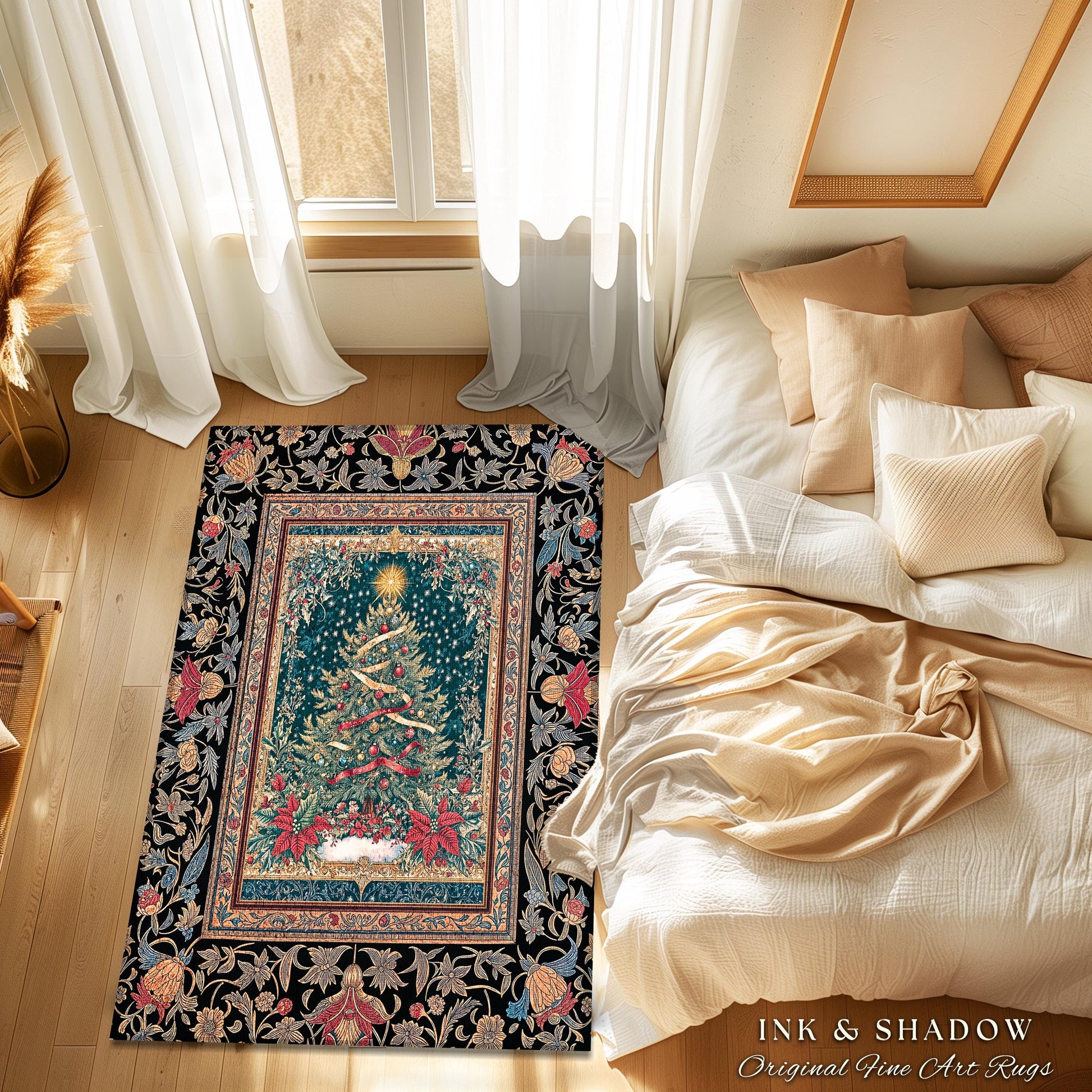 Gothic Floral Xmas Tree Blanket | Festive Baroque Style Woven Tapestry Vintage Holiday Decor Cozy Winter Aesthetic Heirloom Rustic Christmas