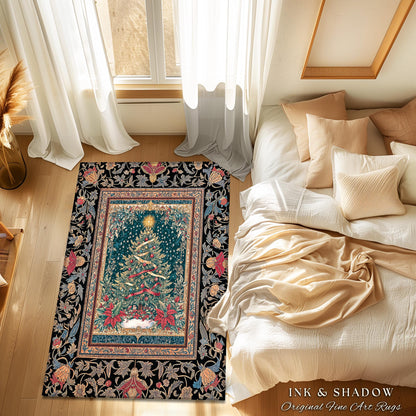 Gothic Floral Xmas Tree Blanket | Festive Baroque Style Woven Tapestry Vintage Holiday Decor Cozy Winter Aesthetic Heirloom Rustic Christmas