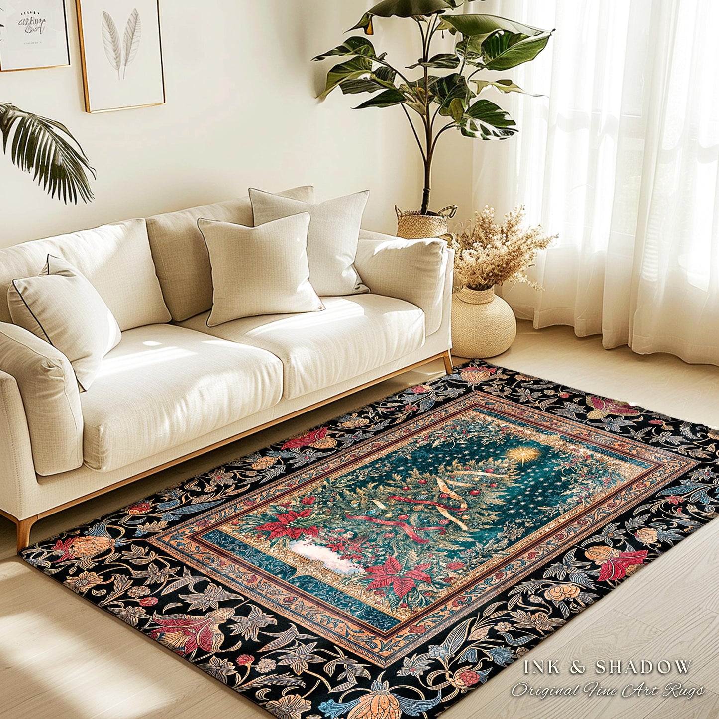 Gothic Floral Xmas Tree Blanket | Festive Baroque Style Woven Tapestry Vintage Holiday Decor Cozy Winter Aesthetic Heirloom Rustic Christmas