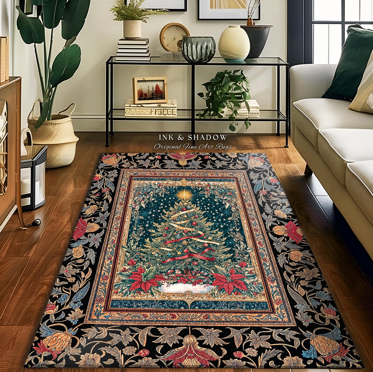 Gothic Floral Xmas Tree Blanket | Festive Baroque Style Woven Tapestry Vintage Holiday Decor Cozy Winter Aesthetic Heirloom Rustic Christmas