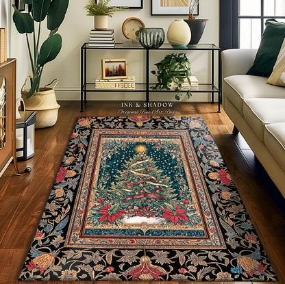 Gothic Floral Xmas Tree Blanket | Festive Baroque Style Woven Tapestry Vintage Holiday Decor Cozy Winter Aesthetic Heirloom Rustic Christmas