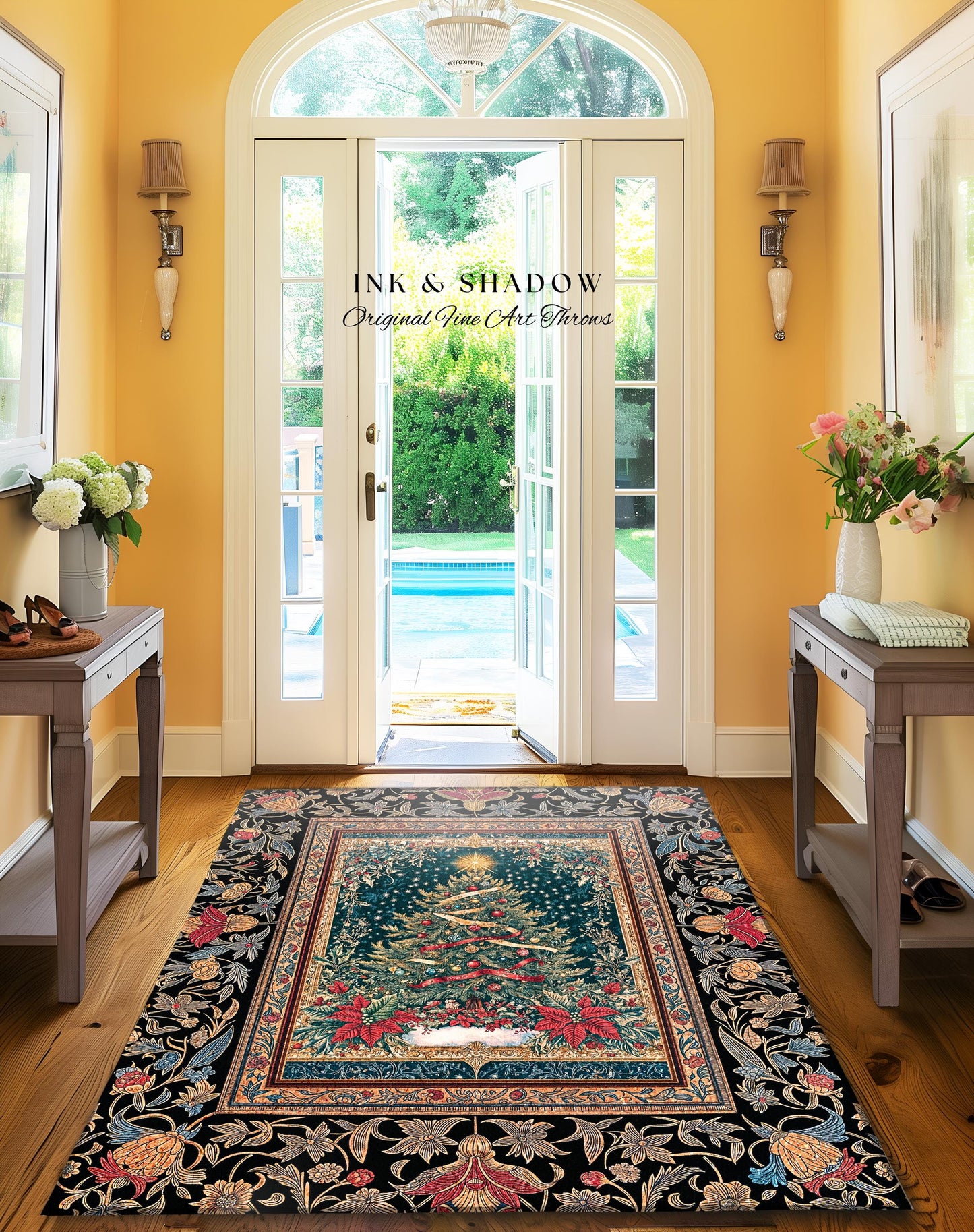 Gothic Floral Xmas Tree Blanket | Festive Baroque Style Woven Tapestry Vintage Holiday Decor Cozy Winter Aesthetic Heirloom Rustic Christmas