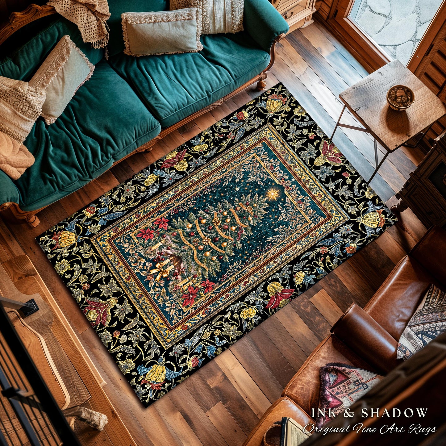 Holy Night Christmas Rug | Vintage Tree Floor Art Cozy Winter Decor Retro Holiday Accent Heirloom Cottagecore Yuletide Home Style