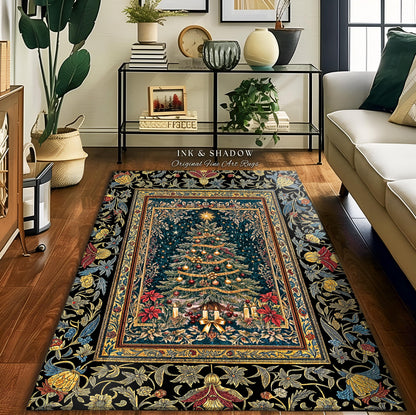 Holy Night Christmas Rug | Vintage Tree Floor Art Cozy Winter Decor Retro Holiday Accent Heirloom Cottagecore Yuletide Home Style