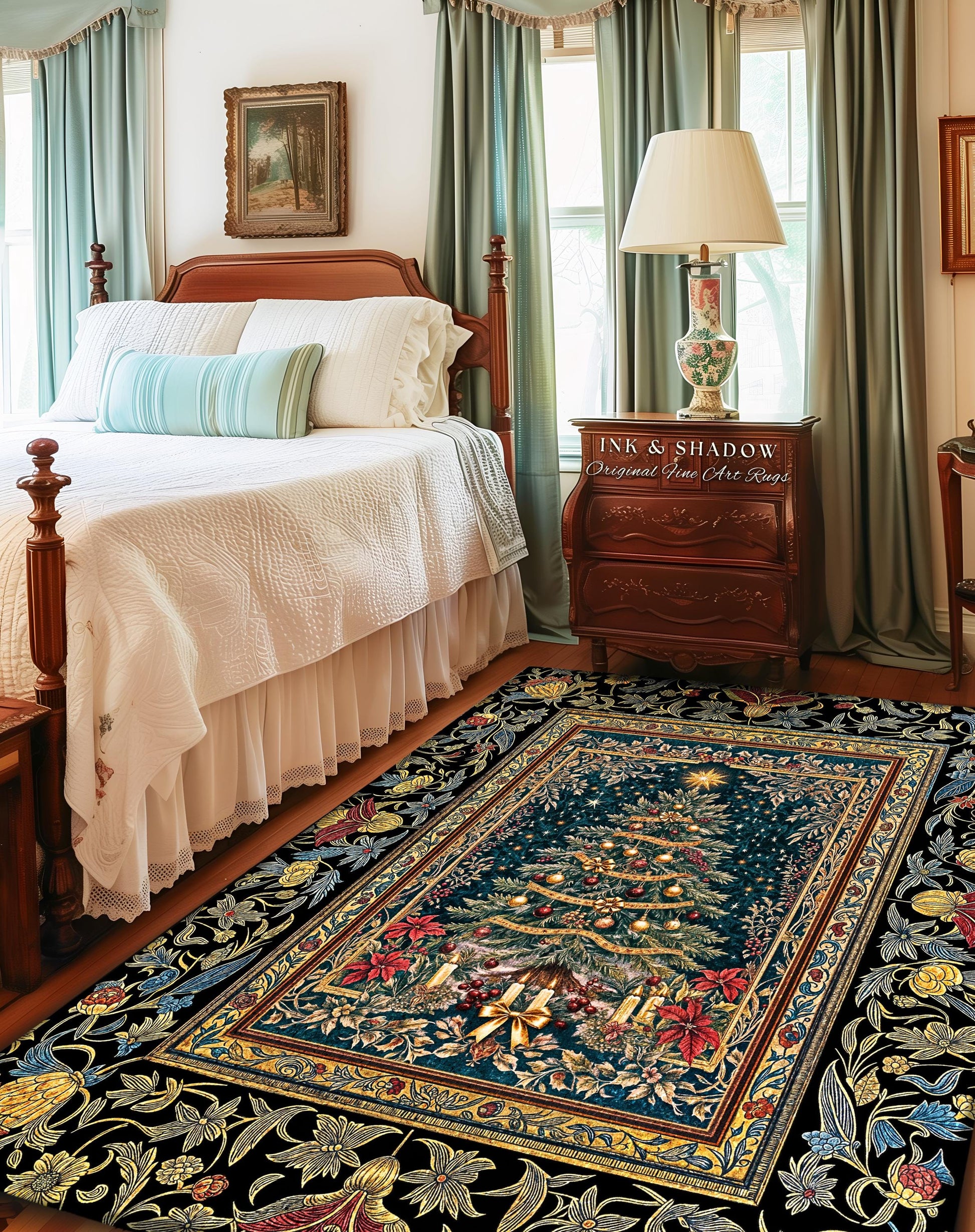 Holy Night Christmas Rug | Vintage Tree Floor Art Cozy Winter Decor Retro Holiday Accent Heirloom Cottagecore Yuletide Home Style