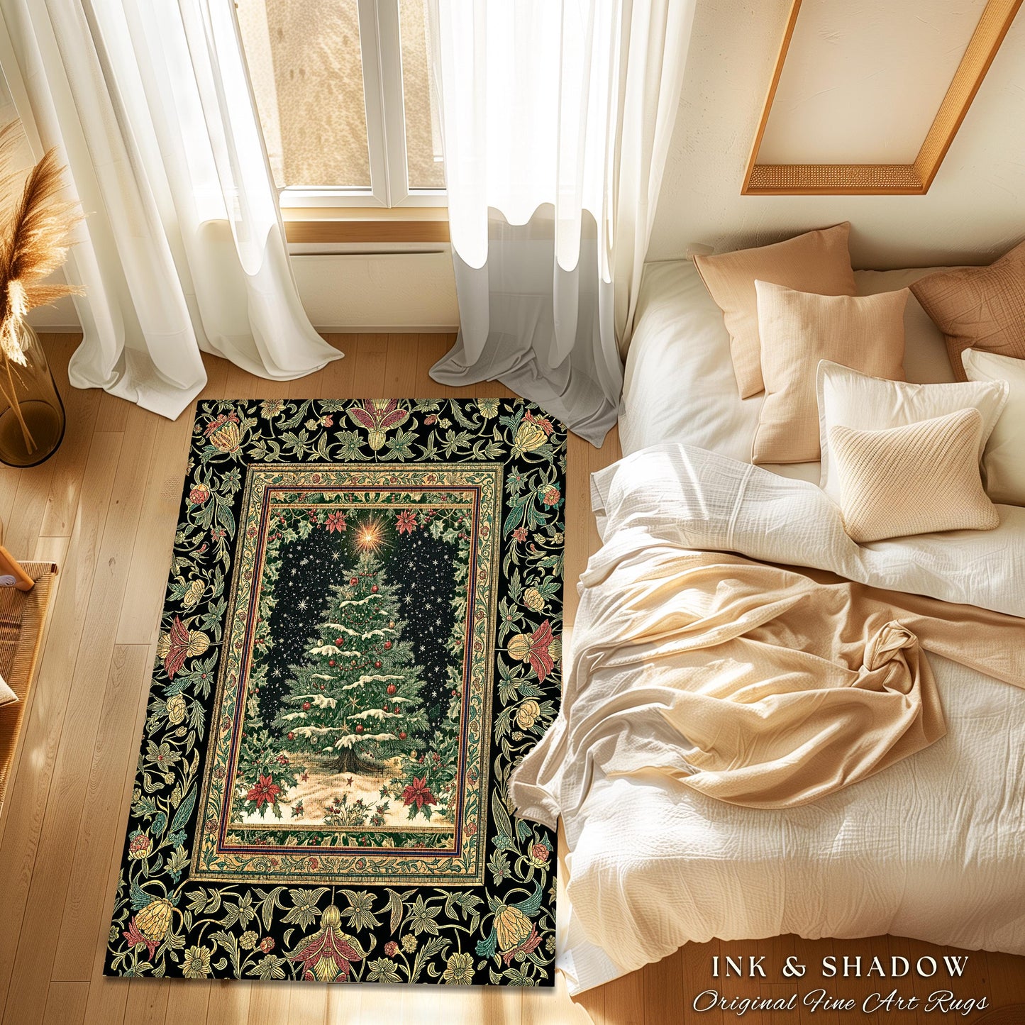 Sage Green Xmas Tree Rug | Cozy Winter Vintage Floor Art Victorian Style Festive Floral Decor Poinsettia Cottagecore Christmas Aesthetic