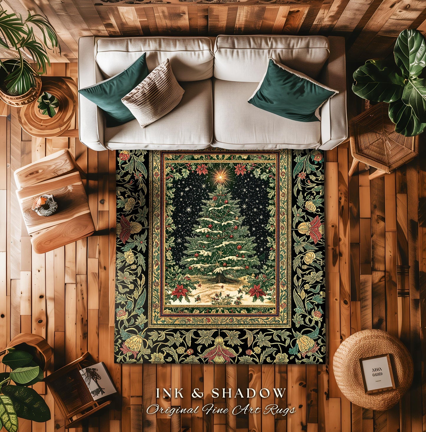 Sage Green Xmas Tree Rug | Cozy Winter Vintage Floor Art Victorian Style Festive Floral Decor Poinsettia Cottagecore Christmas Aesthetic