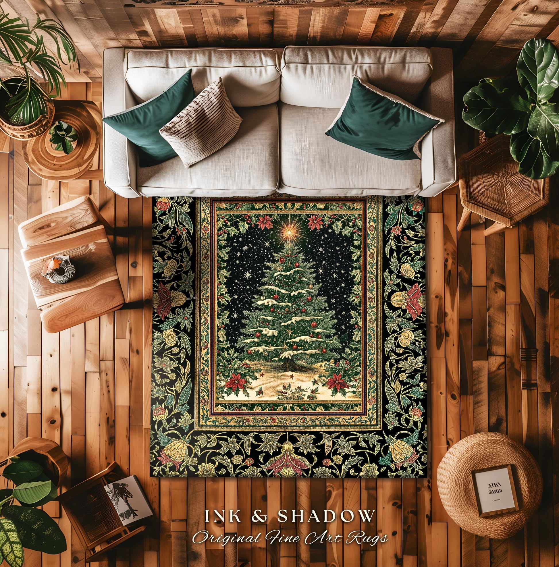 Sage Green Xmas Tree Rug | Cozy Winter Vintage Floor Art Victorian Style Festive Floral Decor Poinsettia Cottagecore Christmas Aesthetic