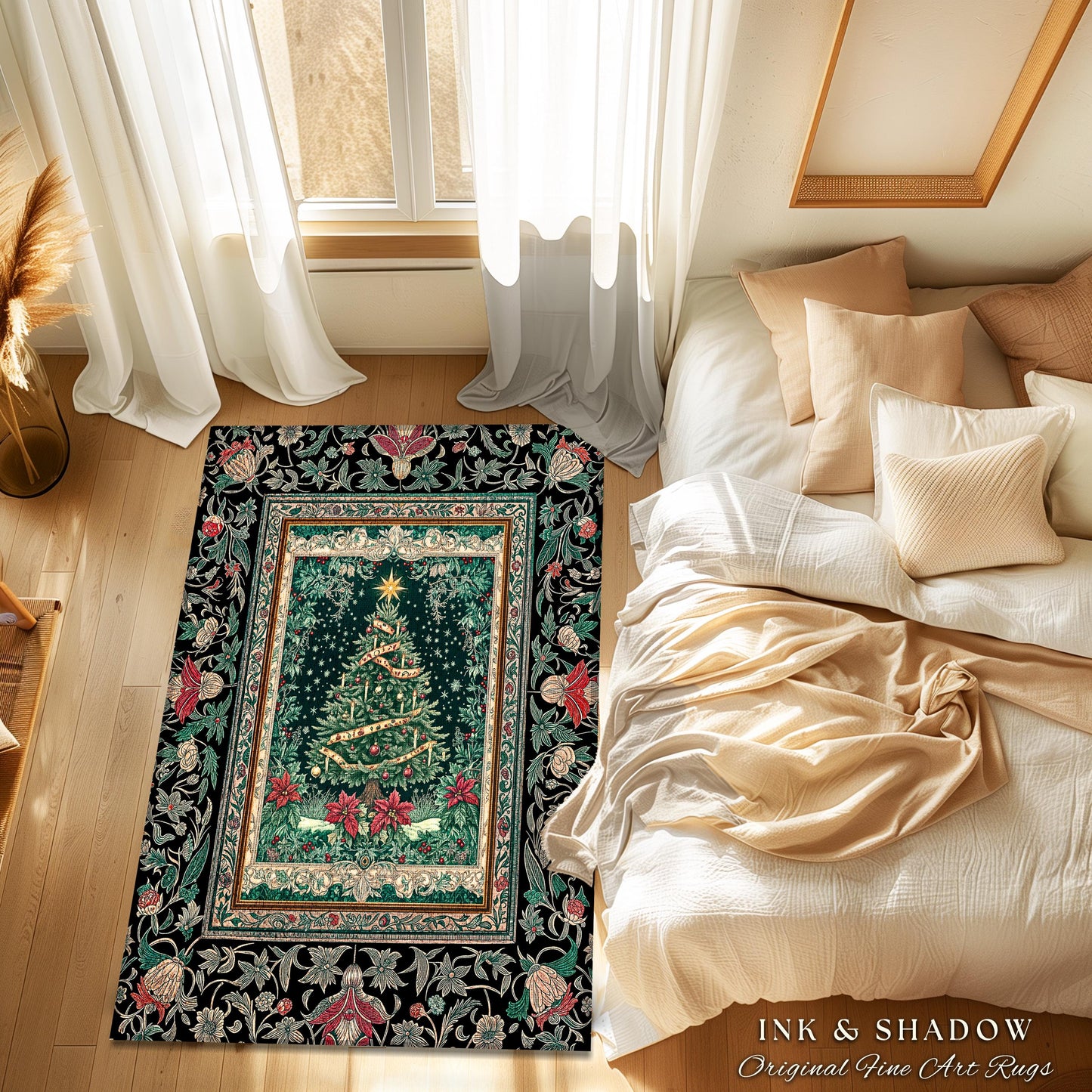 Rustic Festive Holiday Rug | Victorian Style Christmas Tree Floor Art Cozy Festive Decor Cottagecore Winter Floral Border Heirloom Accent