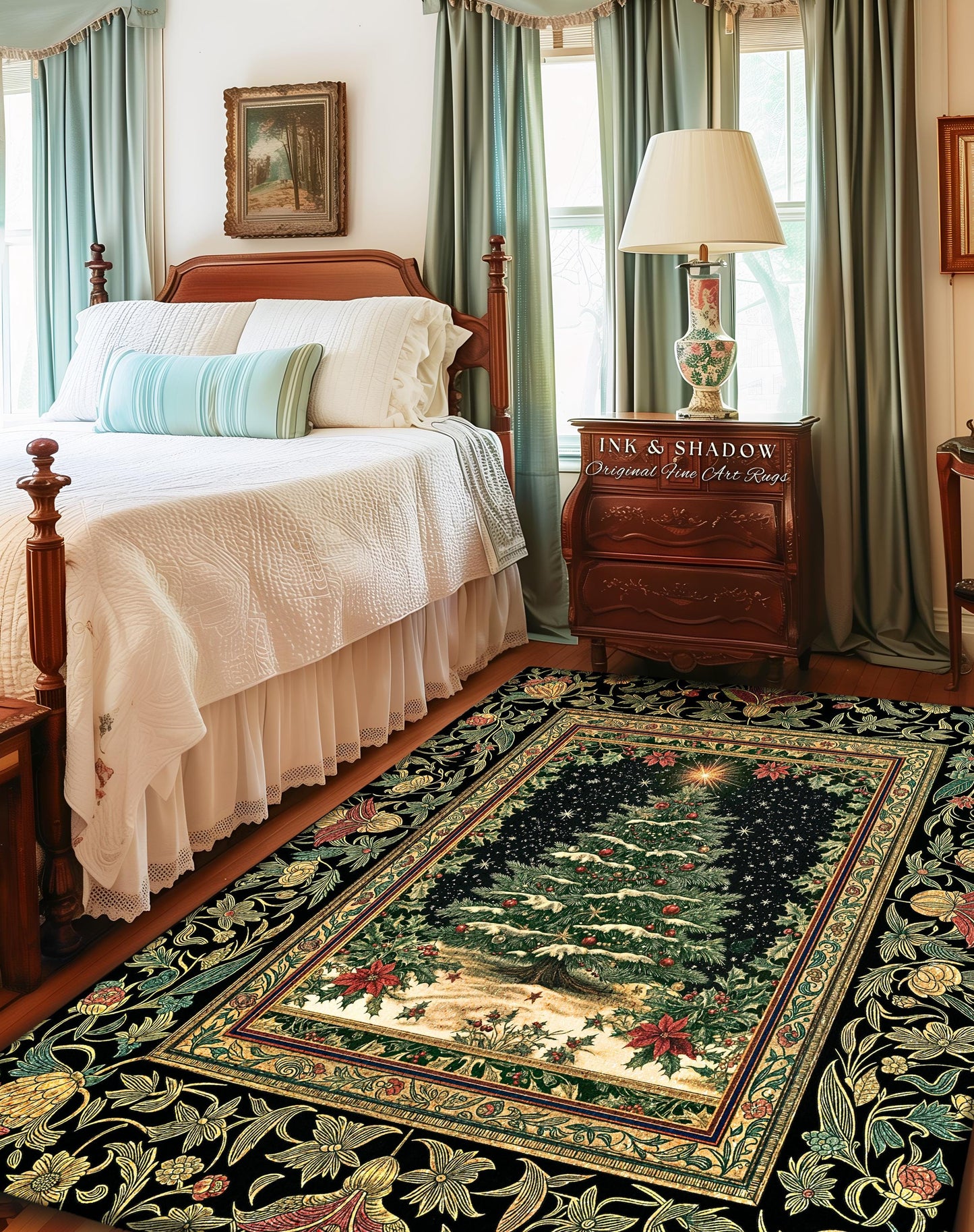 Sage Green Xmas Tree Rug | Cozy Winter Vintage Floor Art Victorian Style Festive Floral Decor Poinsettia Cottagecore Christmas Aesthetic