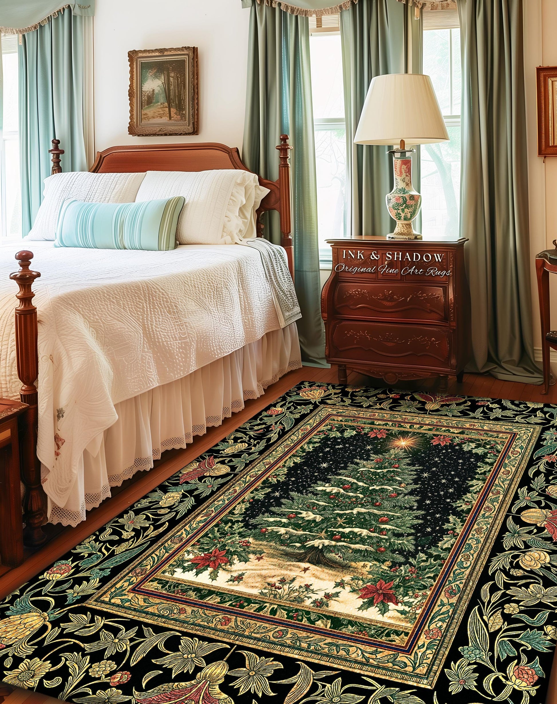 Sage Green Xmas Tree Rug | Cozy Winter Vintage Floor Art Victorian Style Festive Floral Decor Poinsettia Cottagecore Christmas Aesthetic