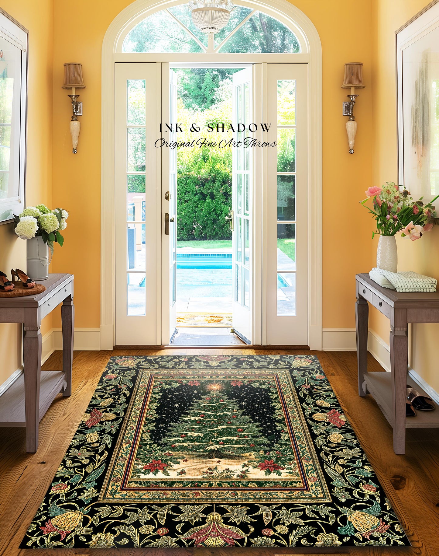 Sage Green Xmas Tree Rug | Cozy Winter Vintage Floor Art Victorian Style Festive Floral Decor Poinsettia Cottagecore Christmas Aesthetic