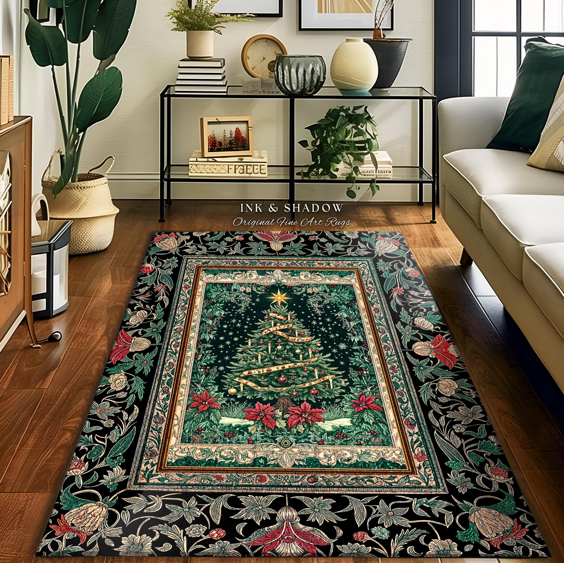 Rustic Festive Holiday Rug | Victorian Style Christmas Tree Floor Art Cozy Festive Decor Cottagecore Winter Floral Border Heirloom Accent