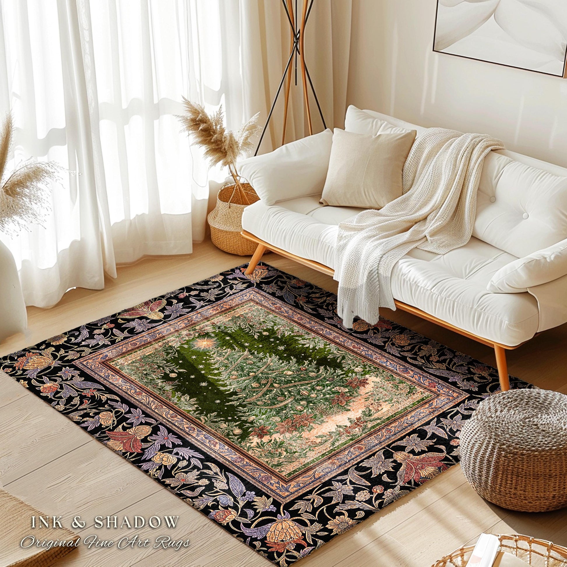 Warm & Cozy Christmas Tree Rug | Festive Vintage Holiday Floor Art Whimsical Winter Decor Decorative Floral Victorian Style Xmas Aesthetic