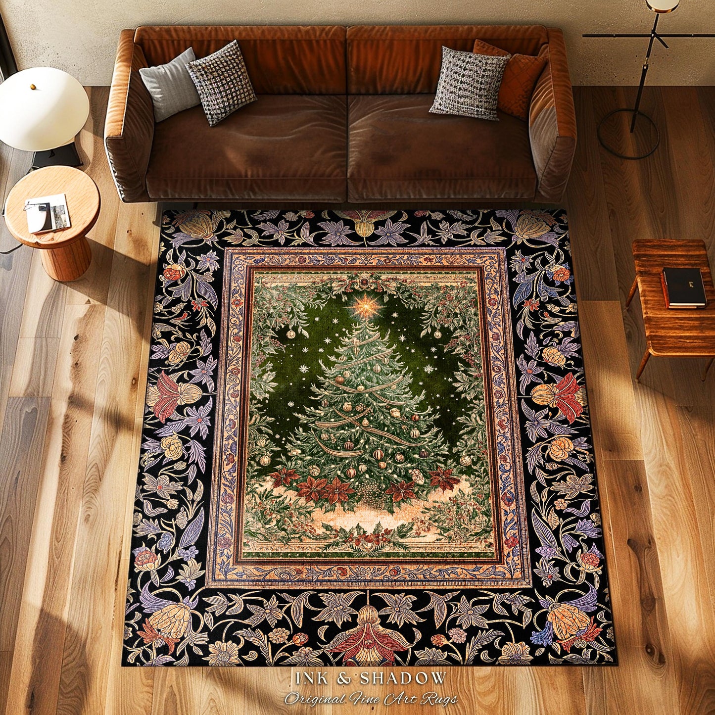 Warm & Cozy Christmas Tree Rug | Festive Vintage Holiday Floor Art Whimsical Winter Decor Decorative Floral Victorian Style Xmas Aesthetic