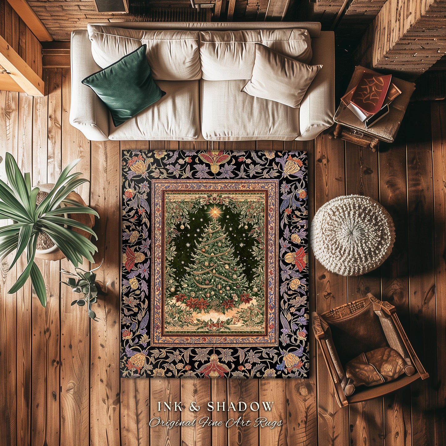 Warm & Cozy Christmas Tree Rug | Festive Vintage Holiday Floor Art Whimsical Winter Decor Decorative Floral Victorian Style Xmas Aesthetic