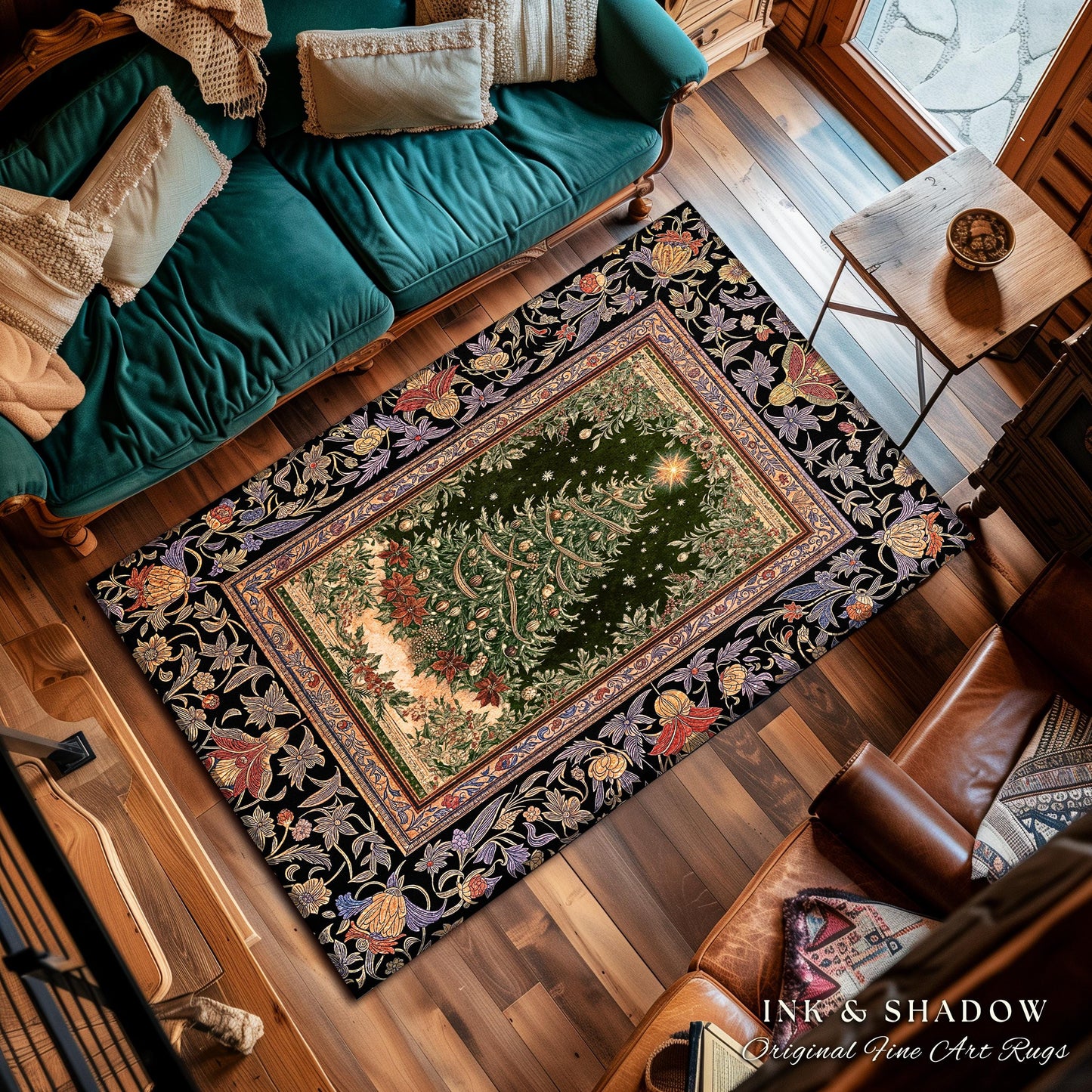 Warm & Cozy Christmas Tree Rug | Festive Vintage Holiday Floor Art Whimsical Winter Decor Decorative Floral Victorian Style Xmas Aesthetic