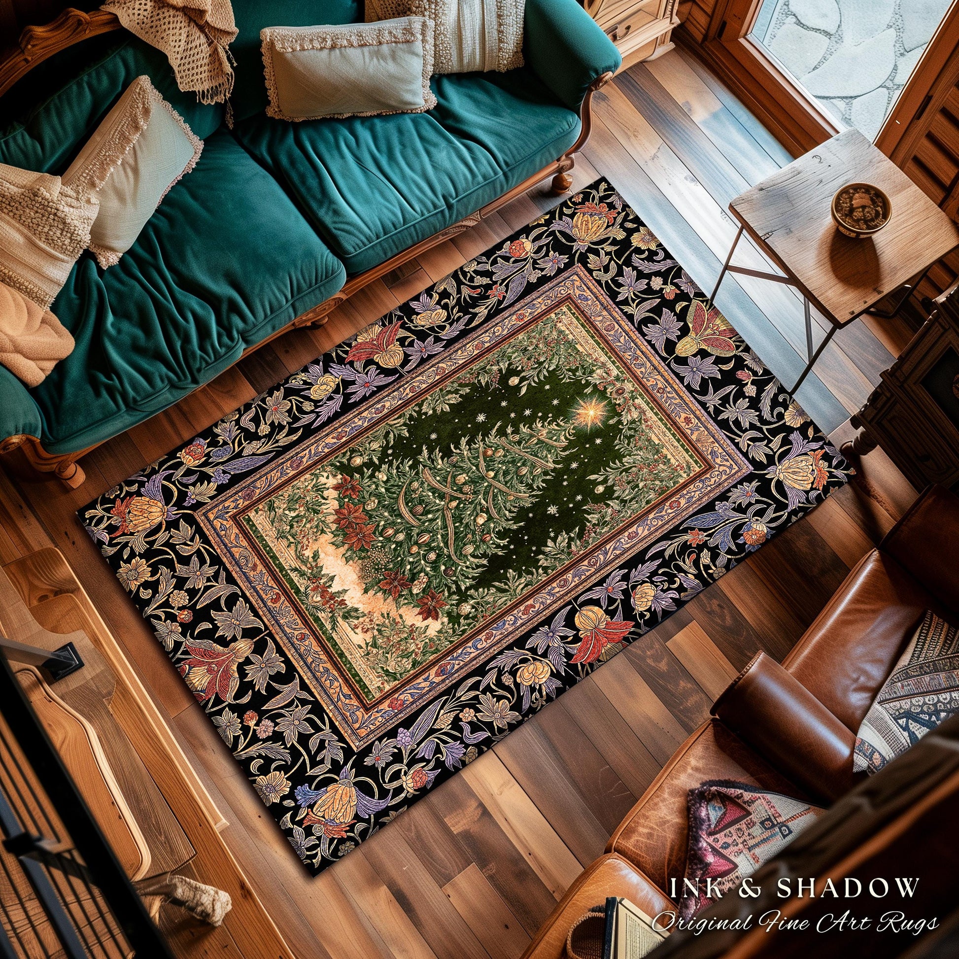 Warm & Cozy Christmas Tree Rug | Festive Vintage Holiday Floor Art Whimsical Winter Decor Decorative Floral Victorian Style Xmas Aesthetic