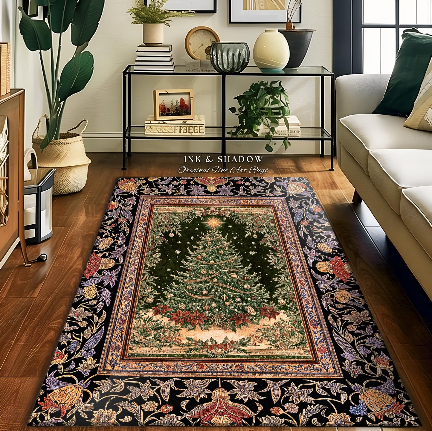 Warm & Cozy Christmas Tree Rug | Festive Vintage Holiday Floor Art Whimsical Winter Decor Decorative Floral Victorian Style Xmas Aesthetic