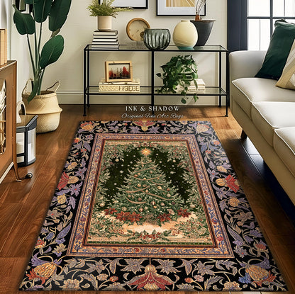 Warm & Cozy Christmas Tree Rug | Festive Vintage Holiday Floor Art Whimsical Winter Decor Decorative Floral Victorian Style Xmas Aesthetic