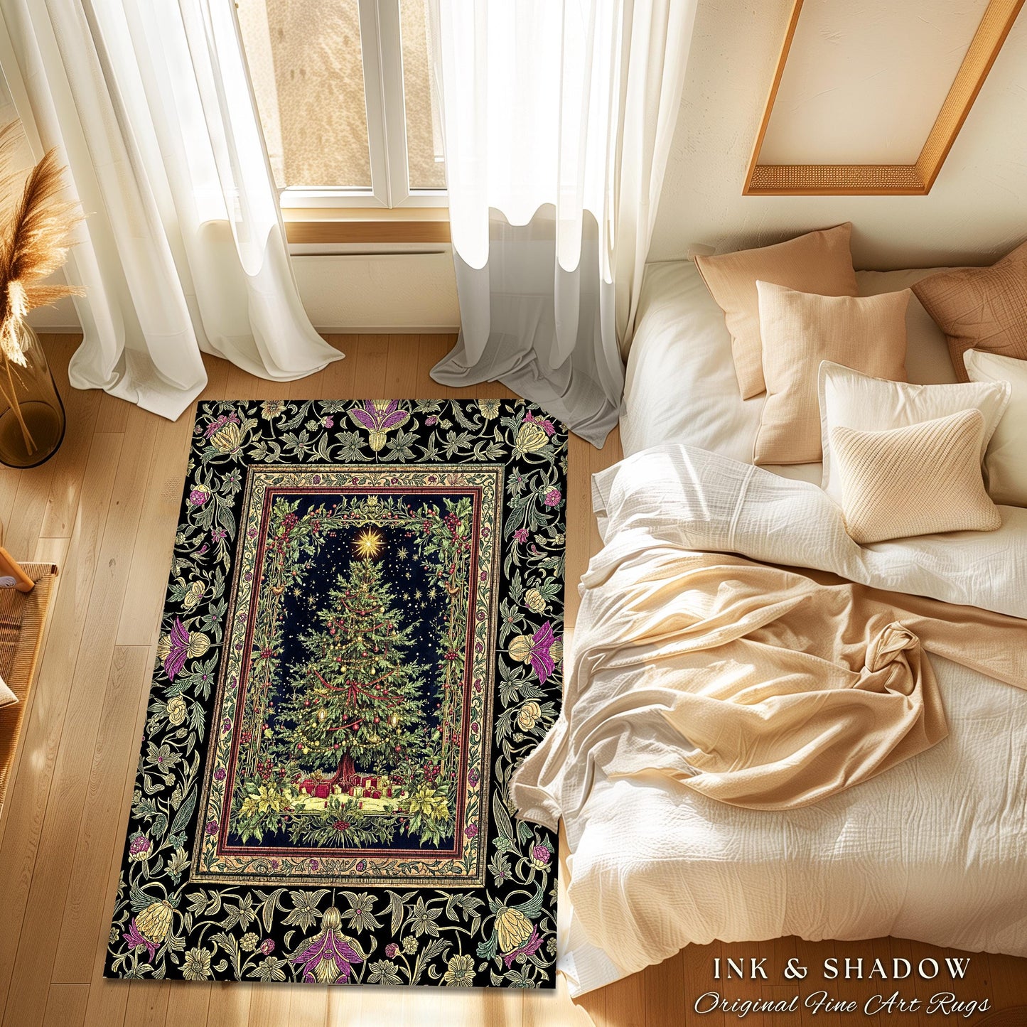 Retro Christmas Tree Ornate Rug | Classic Holiday Floor Art Whimsical Holy Night Decor Vintage Floral Cozy Cottagecore Winter Xmas Aesthetic