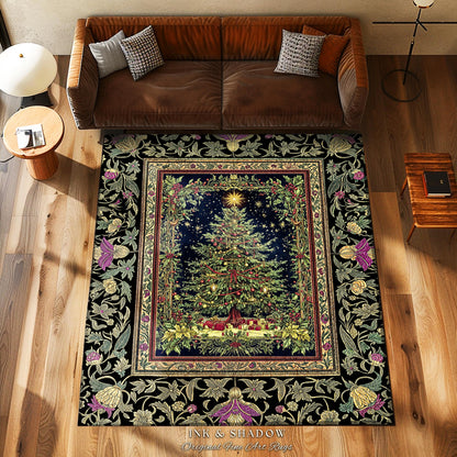 Retro Christmas Tree Ornate Rug | Classic Holiday Floor Art Whimsical Holy Night Decor Vintage Floral Cozy Cottagecore Winter Xmas Aesthetic