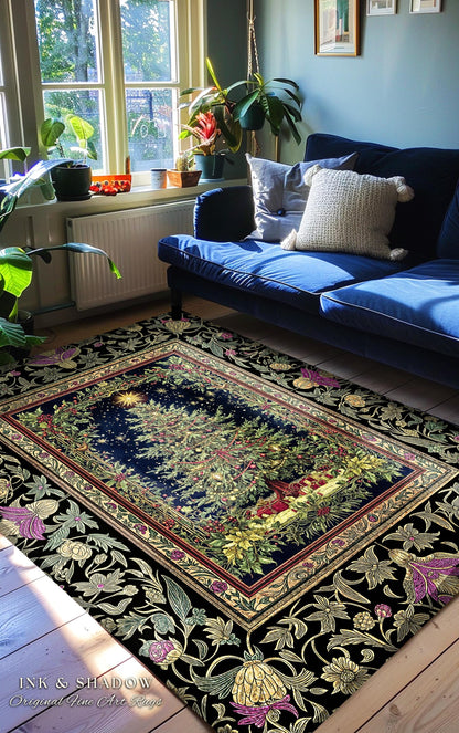 Retro Christmas Tree Ornate Rug | Classic Holiday Floor Art Whimsical Holy Night Decor Vintage Floral Cozy Cottagecore Winter Xmas Aesthetic