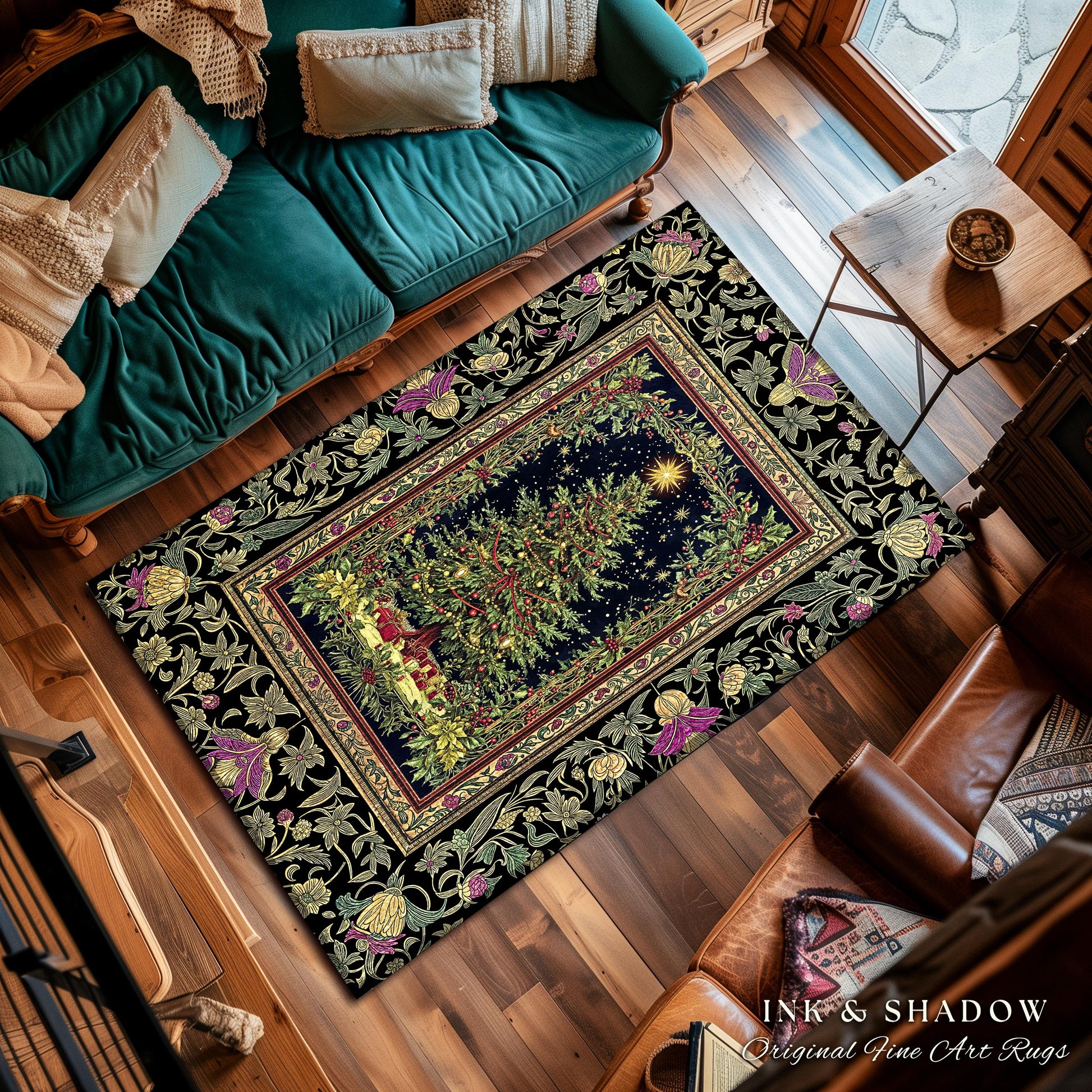 Retro Christmas Tree Ornate Rug | Classic Holiday Floor Art Whimsical Holy Night Decor Vintage Floral Cozy Cottagecore Winter Xmas Aesthetic