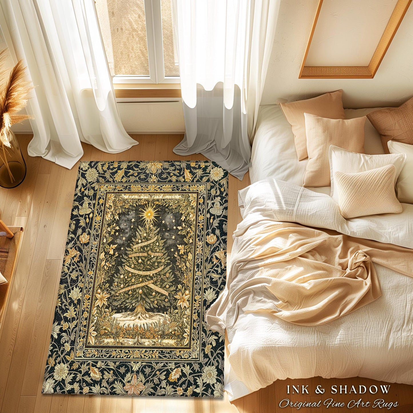 Celestial Wonder Christmas Rug | Cozy Winter Floor Art Cottagecore Tree Accent Rustic Cabin Decor Holiday Vintage Heirloom Xmas Style Gift