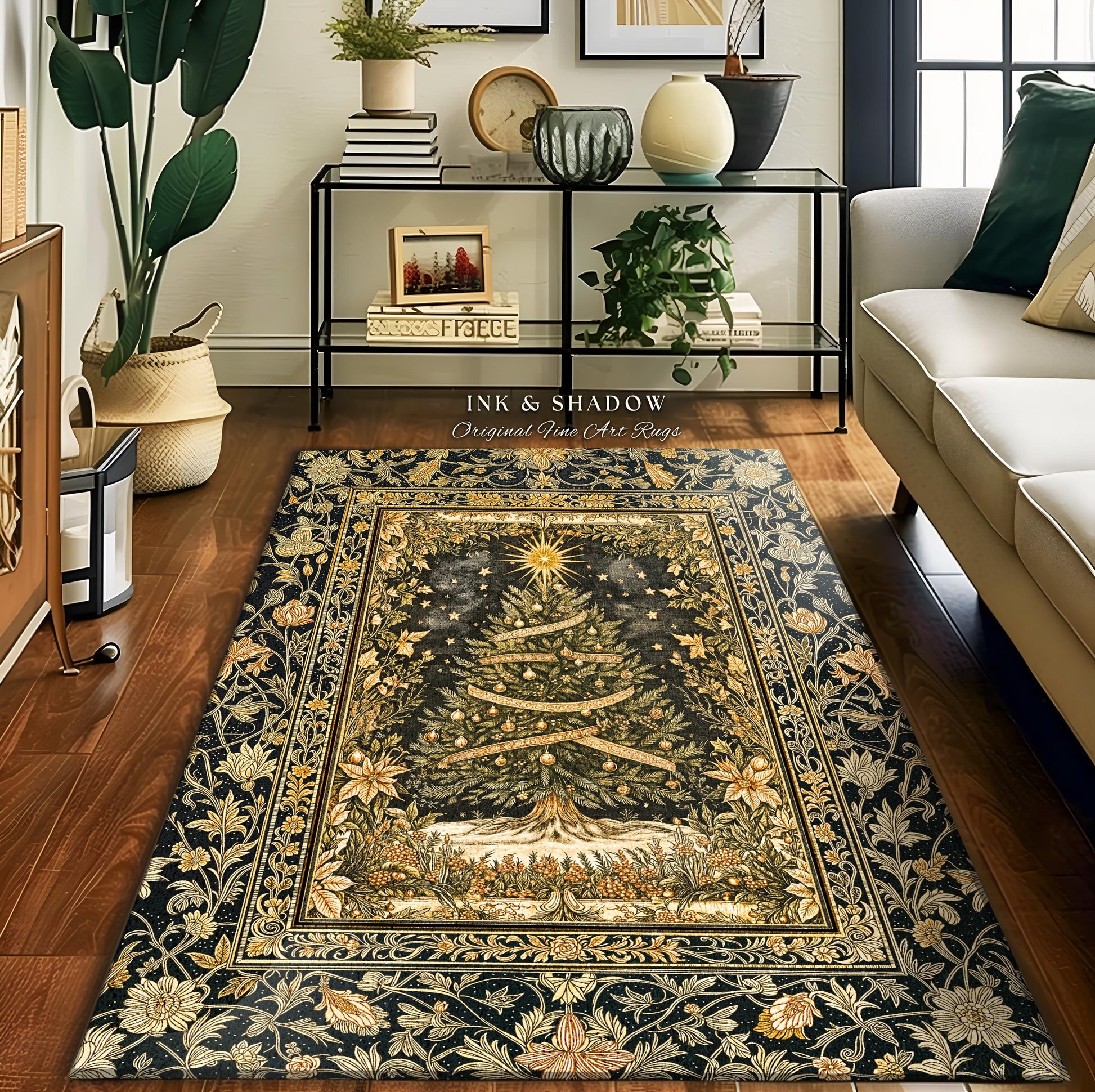 Celestial Wonder Christmas Rug | Cozy Winter Floor Art Cottagecore Tree Accent Rustic Cabin Decor Holiday Vintage Heirloom Xmas Style Gift