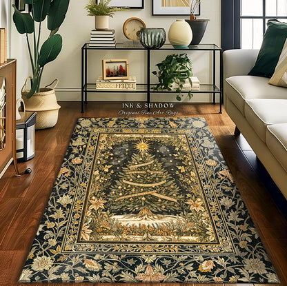 Celestial Wonder Christmas Rug | Cozy Winter Floor Art Cottagecore Tree Accent Rustic Cabin Decor Holiday Vintage Heirloom Xmas Style Gift