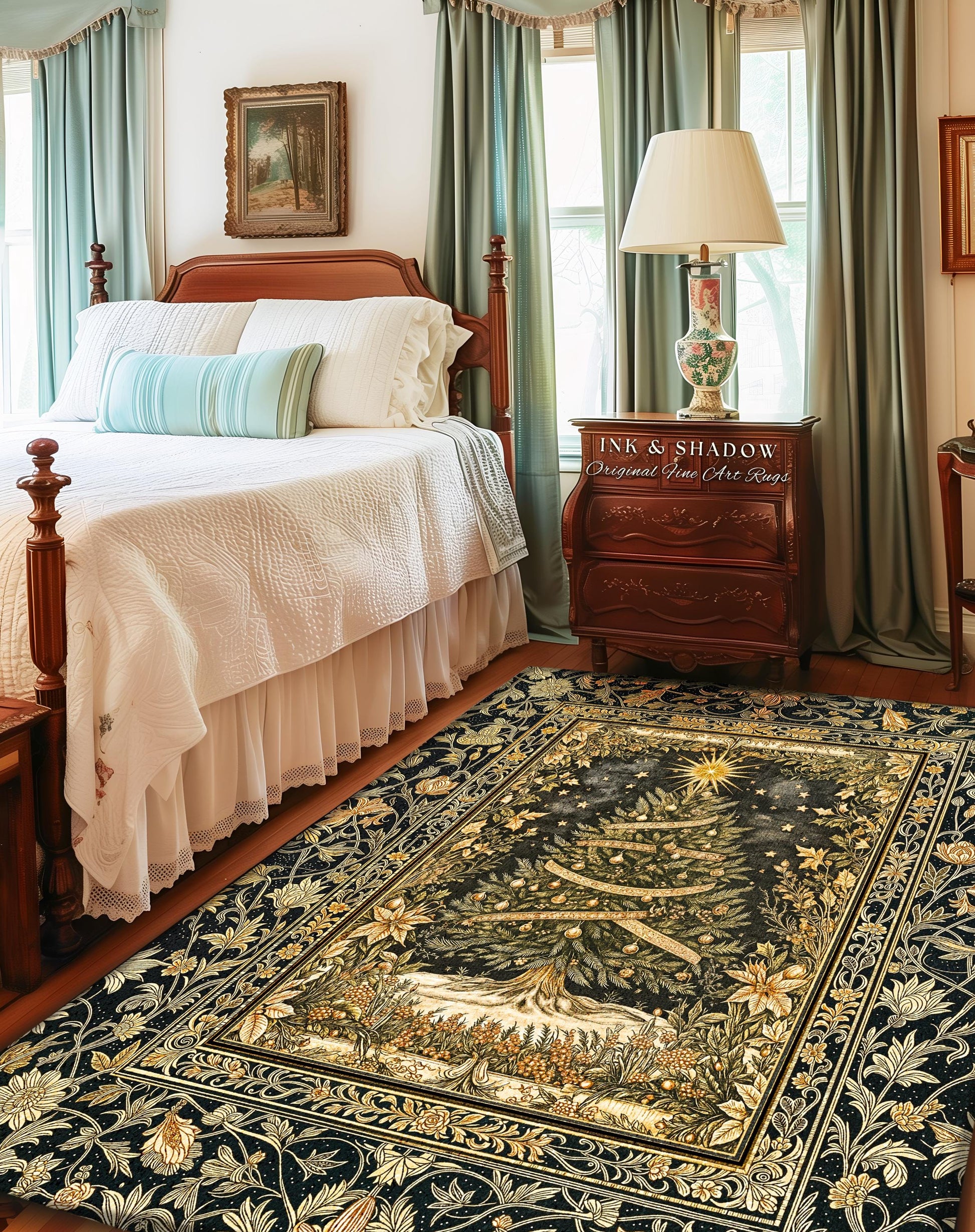 Celestial Wonder Christmas Rug | Cozy Winter Floor Art Cottagecore Tree Accent Rustic Cabin Decor Holiday Vintage Heirloom Xmas Style Gift