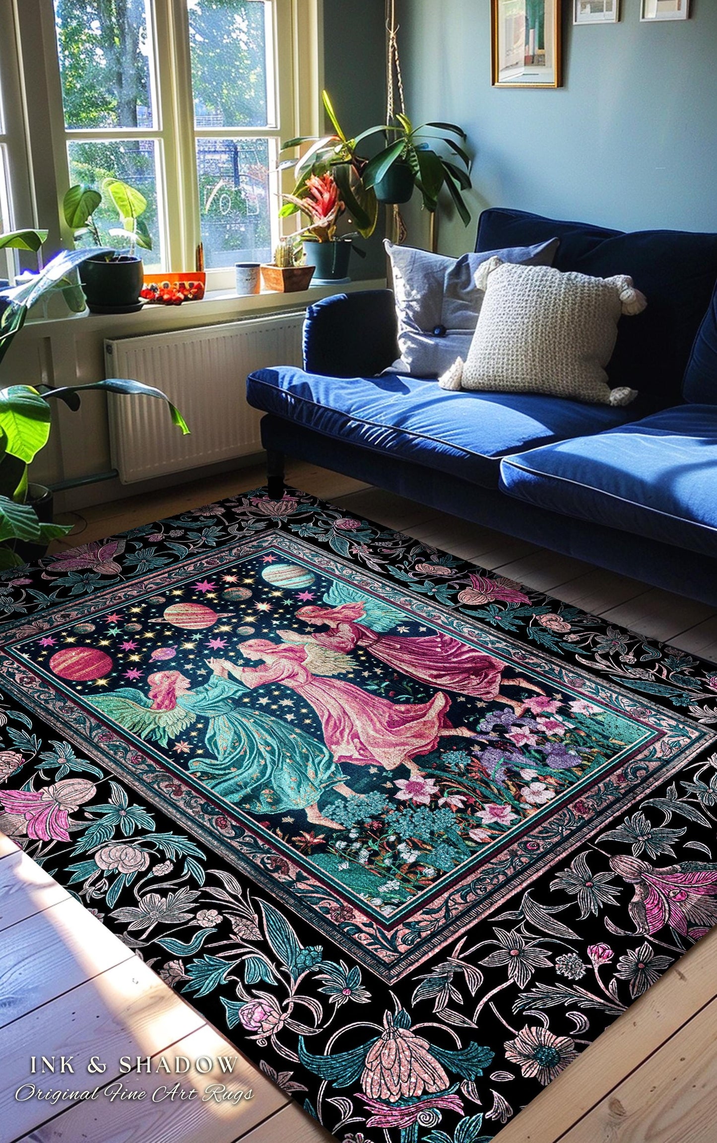 Witchy Celestial Angels Accent Rug | Astrology Inspired Cosmic Bedroom Decor Whimsical Eclectic Home Decor Fairycore Bohemian Jewel Tone |