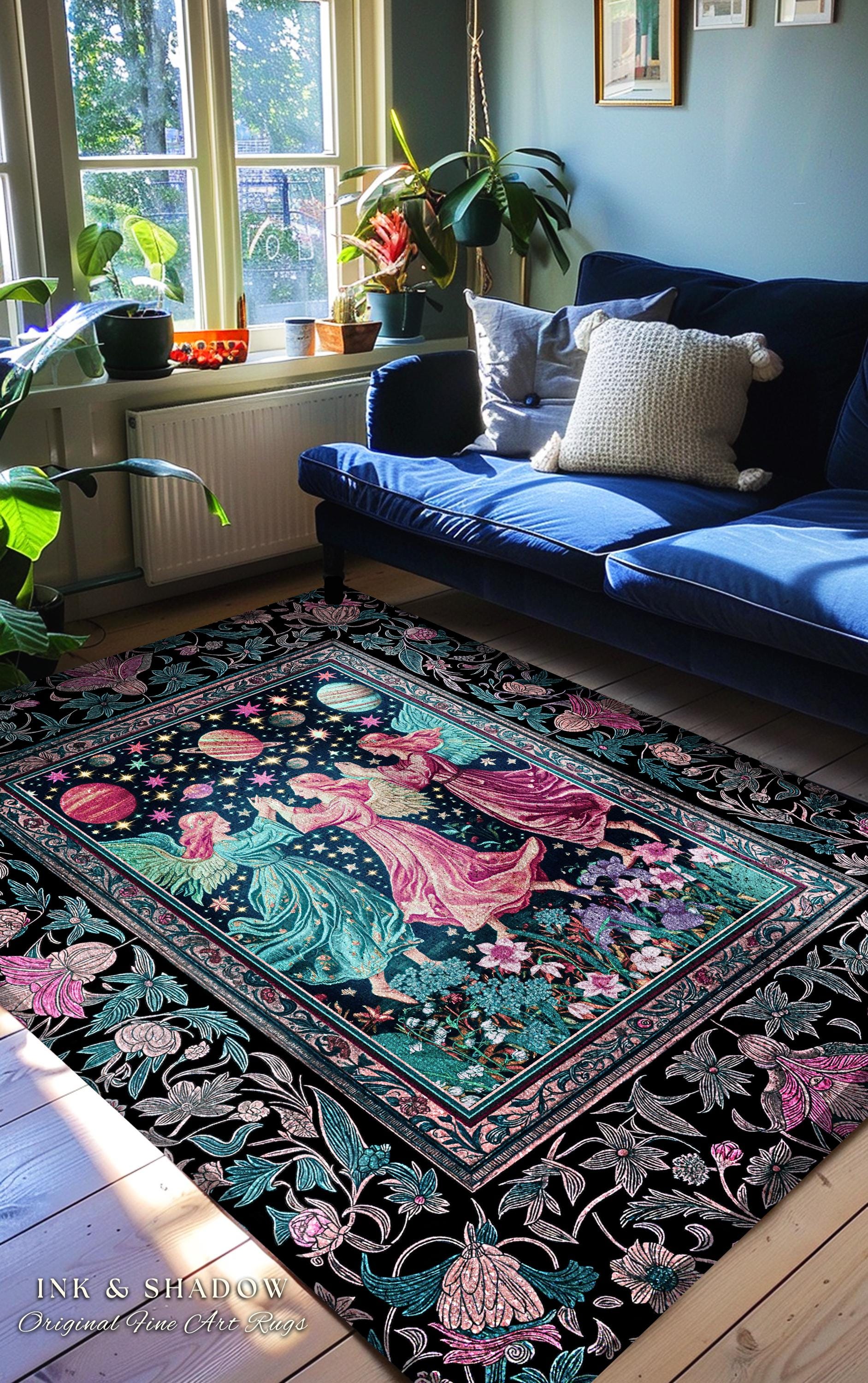 Witchy Celestial Angels Accent Rug | Astrology Inspired Cosmic Bedroom Decor Whimsical Eclectic Home Decor Fairycore Bohemian Jewel Tone |