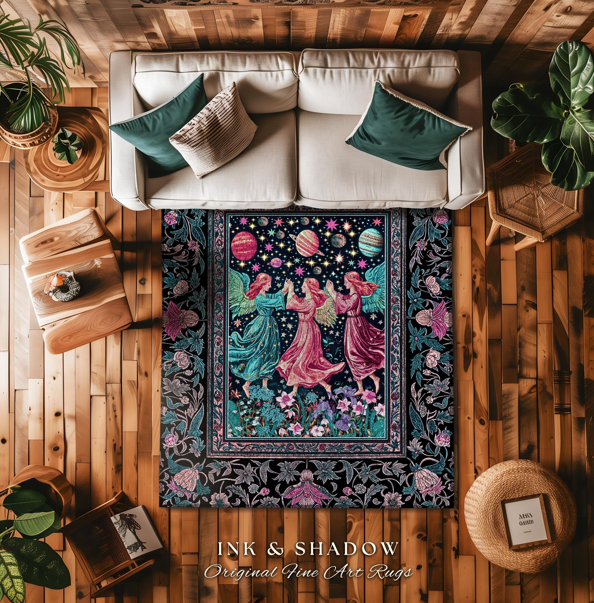 Witchy Celestial Angels Accent Rug | Astrology Inspired Cosmic Bedroom Decor Whimsical Eclectic Home Decor Fairycore Bohemian Jewel Tone |